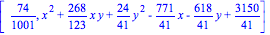 [74/1001, x^2+268/123*x*y+24/41*y^2-771/41*x-618/41*y+3150/41]